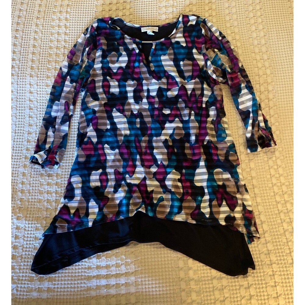 Dana Bachman Blouse Sz Medium Top Sheer Overlay Purple Green Black Rounded Neck - Picture 9 of 12